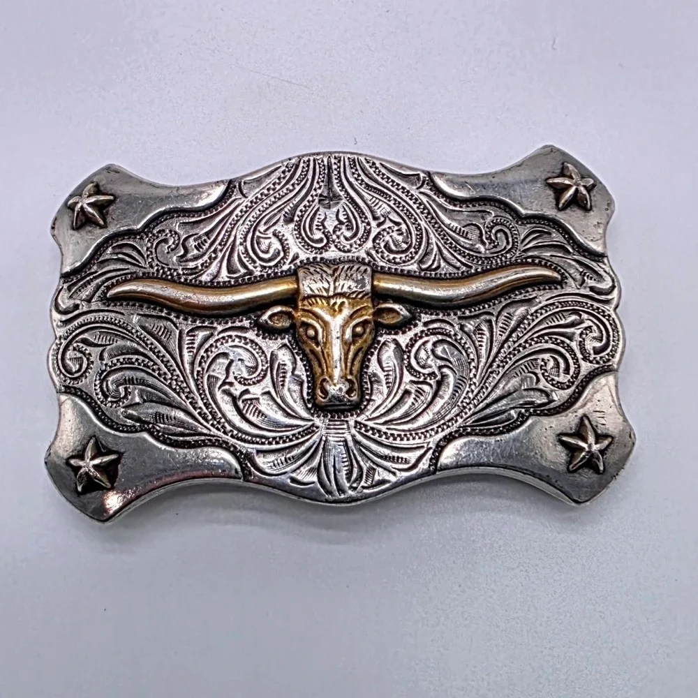 Tony Lama Silver Engraved Belt Buckle Longhorn Steer Corner Stars